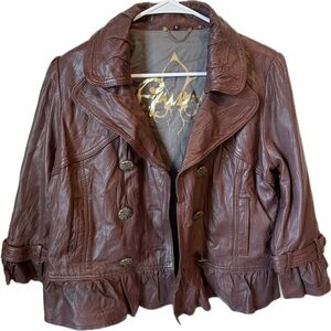 Guess Brown Leather Cropped Jacket with Ruffled Hem